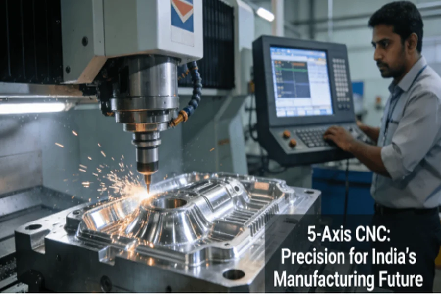 Operation of a 5-axis CNC machining center in a modern Indian manufacturing facility, producing a complex aerospace component.